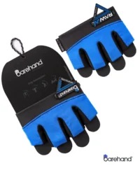 Barehand Classic Blue gloves for HYROX and CrossFit, open-finger pair with black palm, shown with retail packaging